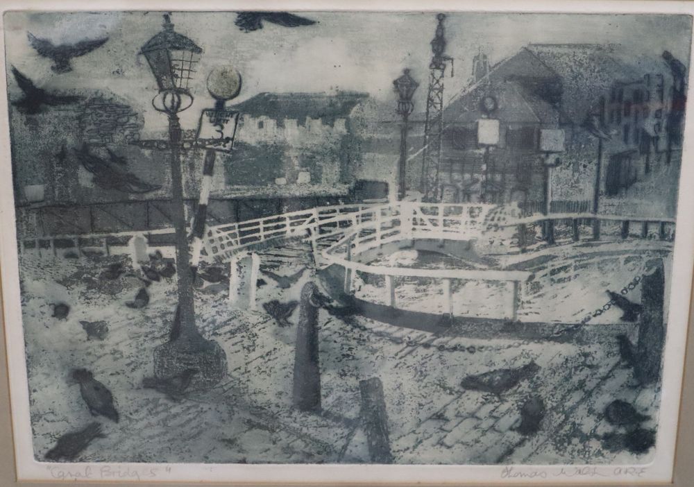 Thomas Walsh (1938-), aquatint, Canal Bridges, signed in pencil, 32 x 42cm